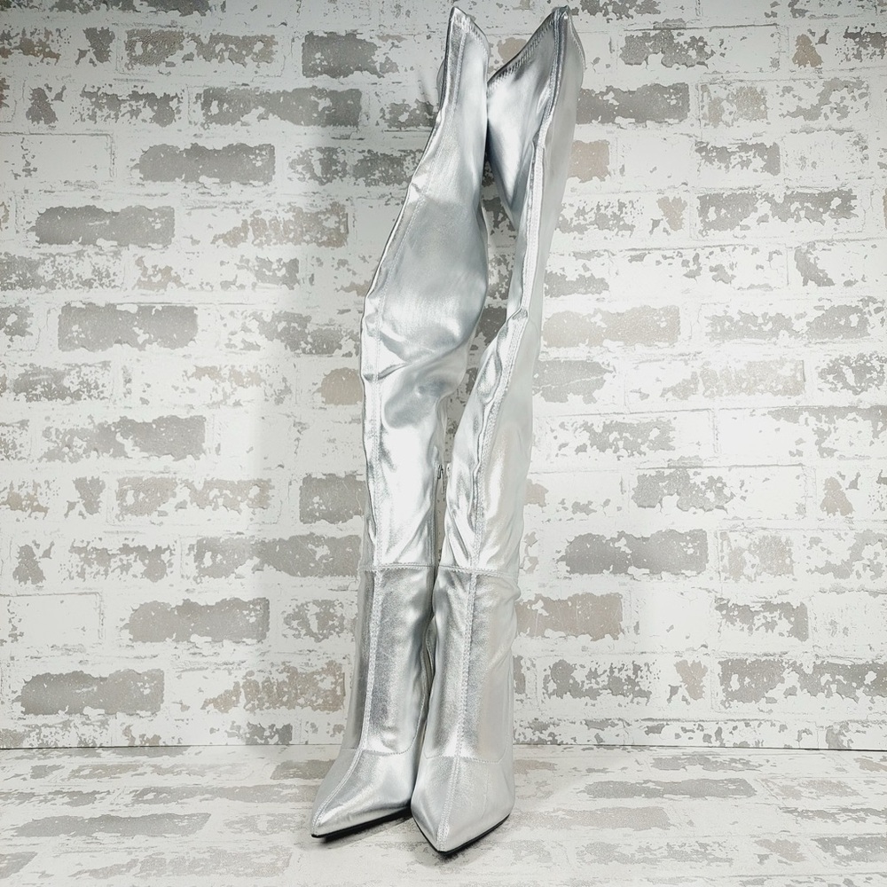 NEW Wild Diva Lounge Shaya Silver Pointy Toe High Heeled Over-the-knee Boot M30 - Picture 2 of 11
